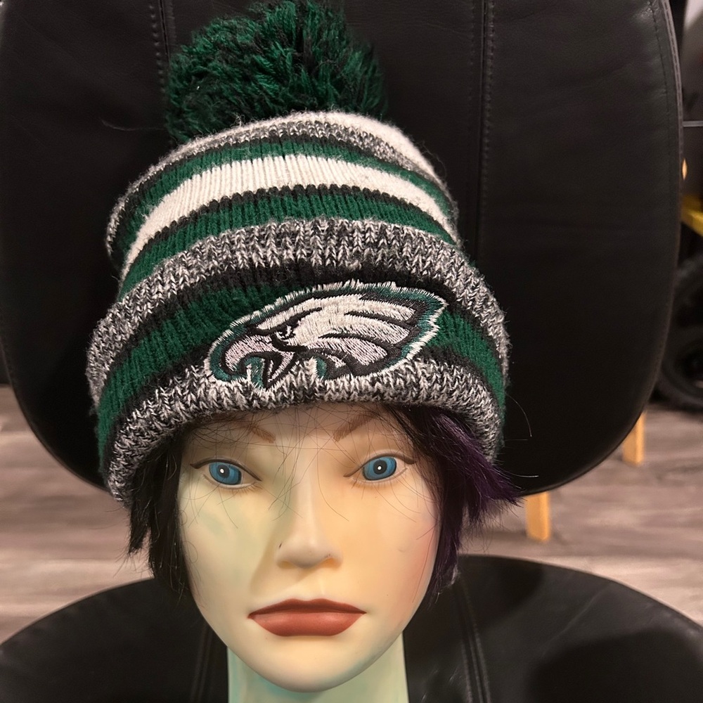 Women's Green and Gray Striped Pom-Pom Beanie